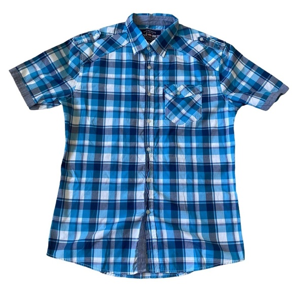 Ecko Unlimited Blue Plaid Short Sleeve button down shirt - Picture 1 of 3